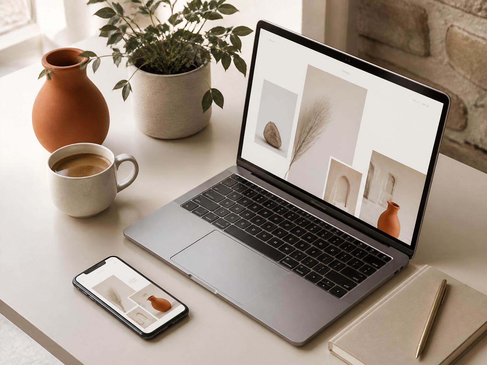 A modern local business website mockup on a laptop and phone in a warm workspace